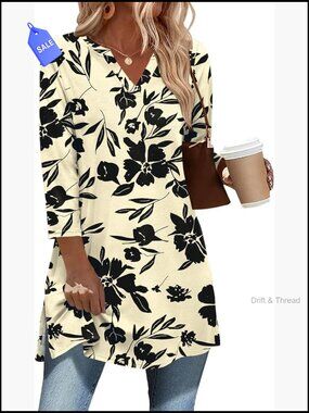 Plus Size 3/4 Sleeve V Neck Tunic Top with Side Slits for Leggings